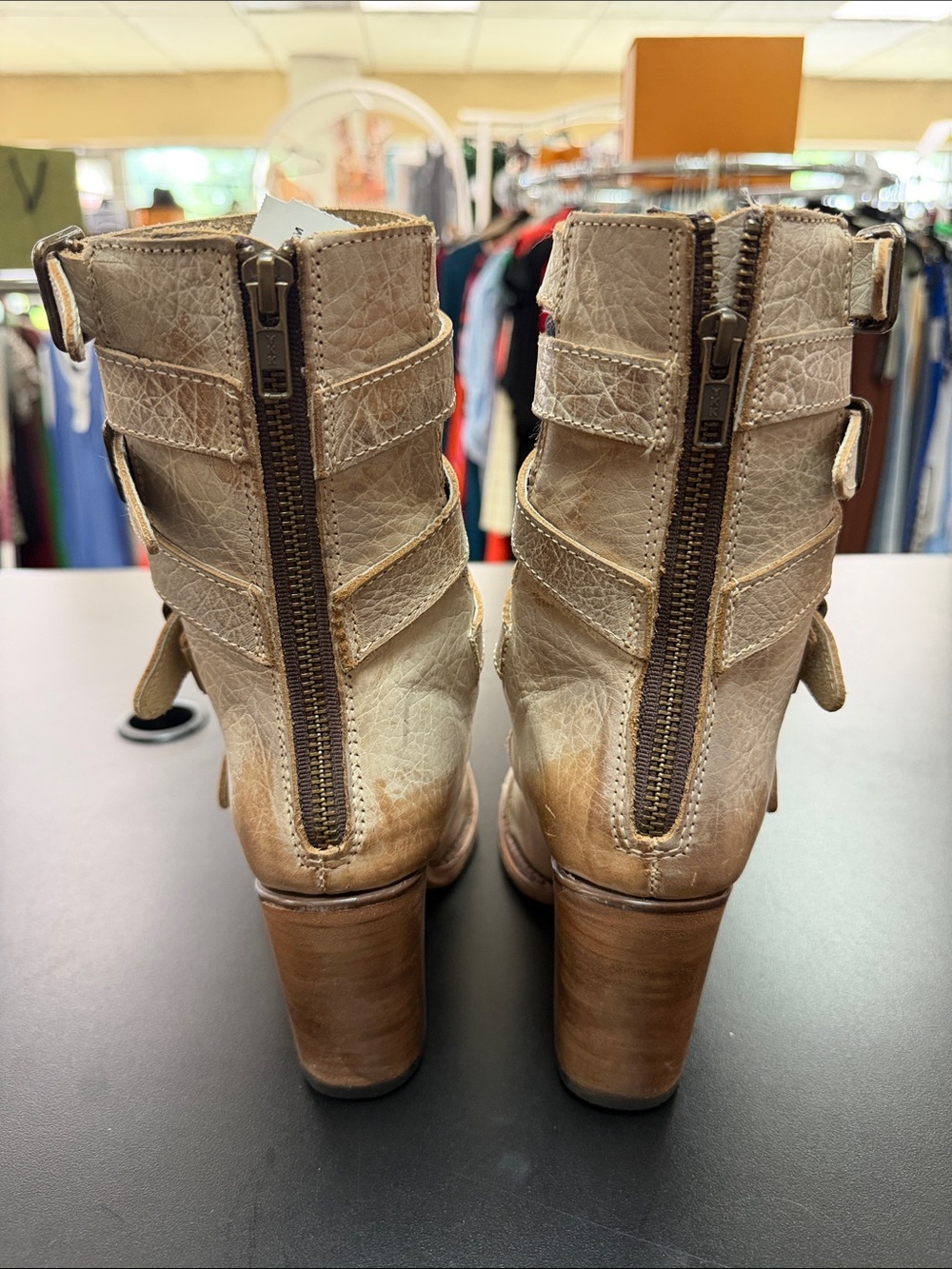 freebird Cream Strappy Buckle Open-Toe Heeled Boots with Denim Inset - Picture 6 of 15
